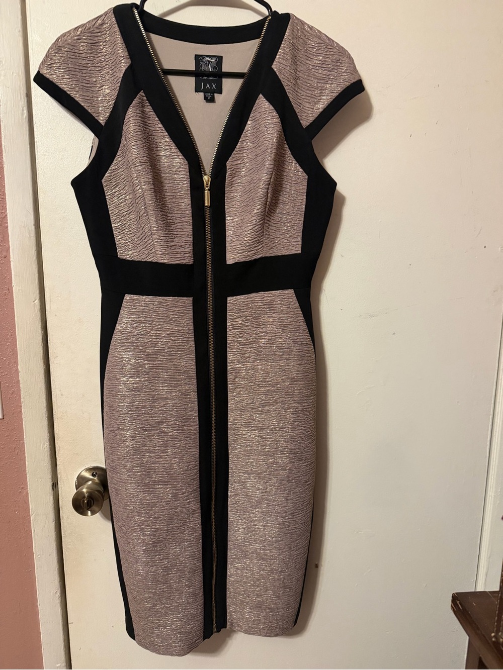 Jax Taupe and Black Zip-Front Midi Sheath Dress